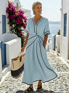 Linnea | Damen Midikleid Geraffter Taille V-Ausschnitt in Sky blue
