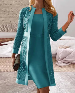 Lucy - Damen Spitze Strickjacke Kleid Zweiteiliges Set in Blaugrün