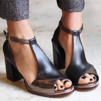 Anyao  | Hochhackige offene Zehentritte in Schwarz-Patchwork