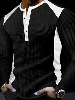 Kyran – Langärmliges Henley Hemd Mit Waffelmuster in Schwarz