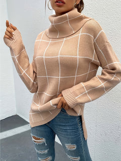Rollkragenpullover mit Karomuster Pullover mit gestricktem Oberteil in Khaki