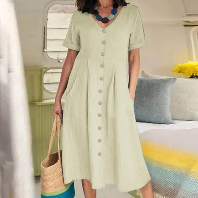 Damen Sommer Kurzarm-Leinen-Midikleid mit Knöpfen und Taschen