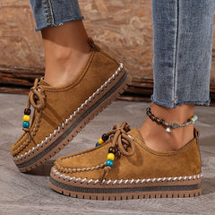 Damen Vintage Perlen Schnür Schuhe in Braun