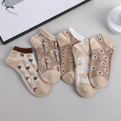 Hannah | Vintage Socken in Gemischte Farbe - 5 Paare in Kaffeefarbe mit kleinen Blumen