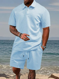 Niall - Strukturiertes Set aus Poloshirt und Shorts in Hellblau