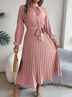 Sana | Damen Abend Plissierter Hochgeschlossener Midikleid in Rosa