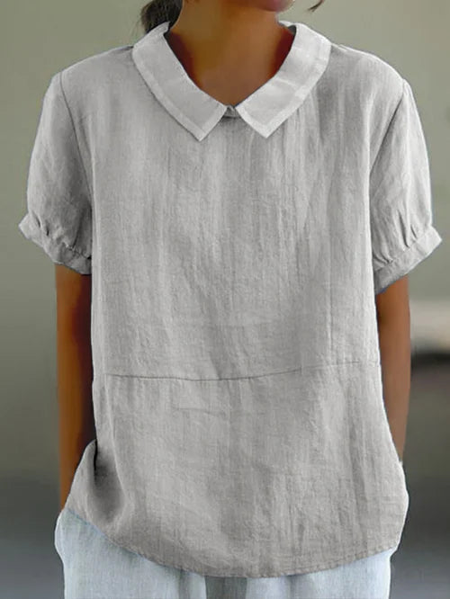 Kurzarm-Leinenbluse mit Kragen für Damen