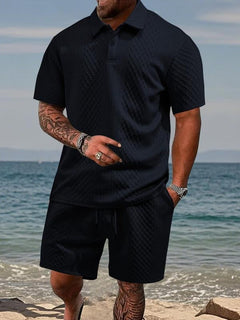 Niall - Strukturiertes Set aus Poloshirt und Shorts in Dunkelblau