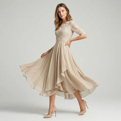 Ella | Damen Festliches Spitzen Midikleid in Beige