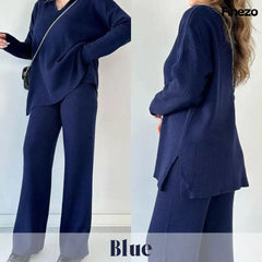 Elara™ | V-Ausschnitt Freizeit Spalten Strick Zweiteiliges Set in Blau