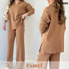 Elara™ | V-Ausschnitt Freizeit Spalten Strick Zweiteiliges Set in Khaki