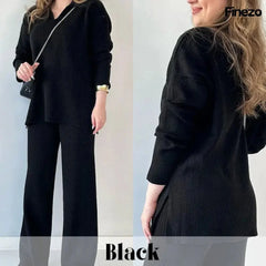 Elara™ | V-Ausschnitt Freizeit Spalten Strick Zweiteiliges Set in Schwarz