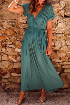 Damen Maxikleid mit Gürtel und V-Ausschnitt in Dunkelgrün