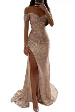 Elegantes Glitzer-Abendkleid für Damen | Maxi in Champagner