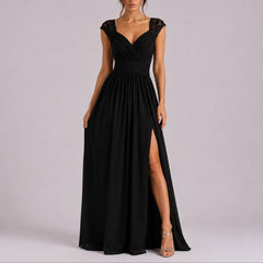 Amelie | Elegantes Spitzen-Maxi-Kleid für Hochzeitsgäste im Herbst in Schwarz