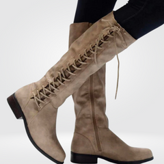 Cornelia | Damen Blockabsatz Kniehohe Stiefel in Beige
