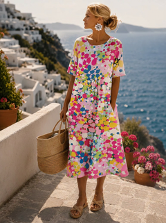 Elena | Luftiges Blumen Midikleid in Rosa