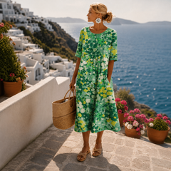 Elena | Luftiges Blumen Midikleid in Grün