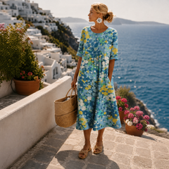 Elena | Luftiges Blumen Midikleid in Blau