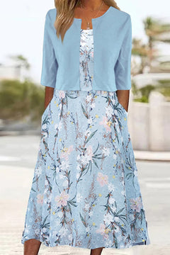 Elise | Zweiteiliges Blumen Midikleid in Hellblau