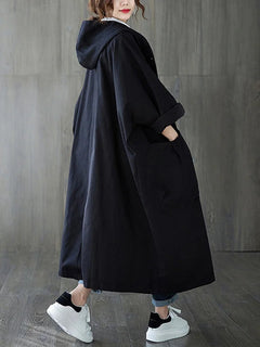 Ella | Damen Langer Wasserdichter Kapuze Trenchcoat in Schwarz