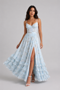 Ella | Damen Romantisches Beinschlitz Blumen Maxikleid in Blau