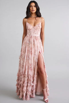 Ella | Damen Romantisches Beinschlitz Blumen Maxikleid in Rosa