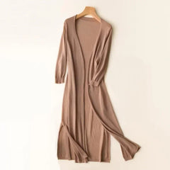 Elsbeth | Damen Langer Cardigan Offen Maxi Strickjacke in Khaki