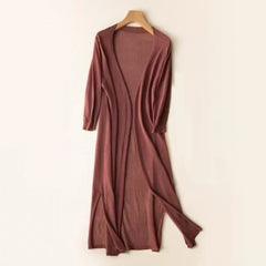 Elsbeth | Damen Langer Cardigan Offen Maxi Strickjacke in Kaffee