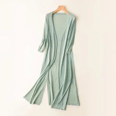 Elsbeth | Damen Langer Cardigan Offen Maxi Strickjacke in Grün