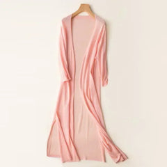 Elsbeth | Damen Langer Cardigan Offen Maxi Strickjacke in Rosa