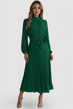 Emilia | Damen Plissee Midikleid Langarm in Grün