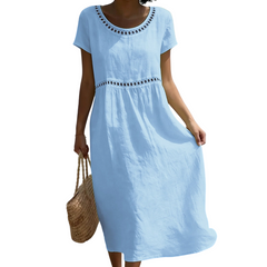 Emilia | Leinenlook-Midikleid mit Spitze in Blau