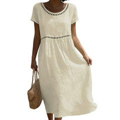 Emilia | Leinenlook-Midikleid mit Spitze in Beige