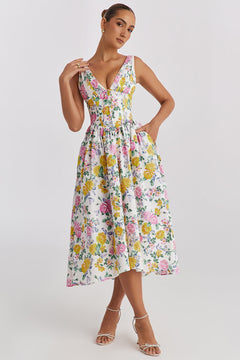 Elodie | Drapiert Hochzeitsgastkleid in Gelb Blumenmuster