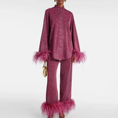 Claudia | Damen Glitzer Abendkleid Set Federärmel – Glitzer Set Federärmel 2026 in Rouge vin