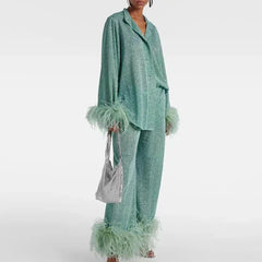 Claudia | Damen Glitzer Abendkleid Set Federärmel – Glitzer Set Federärmel 2026 in Vert Clair