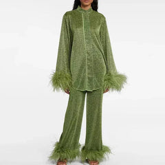 Claudia | Damen Glitzer Abendkleid Set Federärmel – Glitzer Set Federärmel 2026 in Vert Foncé