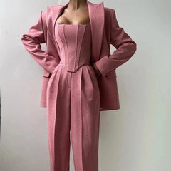 Vera | Damen 3-Teiliges Tailliertes Set Oberteil Rock Blazer – Business Set 2026 in Rosa