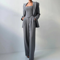 Vera | Damen 3-Teiliges Tailliertes Set Oberteil Rock Blazer – Business Set 2026 in Grau