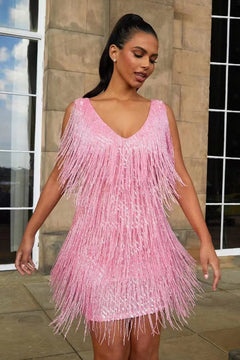 Wina - Luxuriöses Cocktailkleid mit Fransenbesatz in Rosa