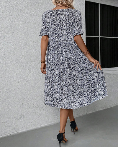 Damen Sommer Kurzen Ärmeln Midikleid mit Blumenmuster und Rundhalsausschnitt