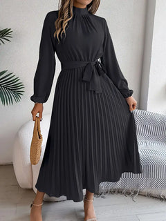 Sana | Damen Abend Plissierter Hochgeschlossener Midikleid in Schwarz