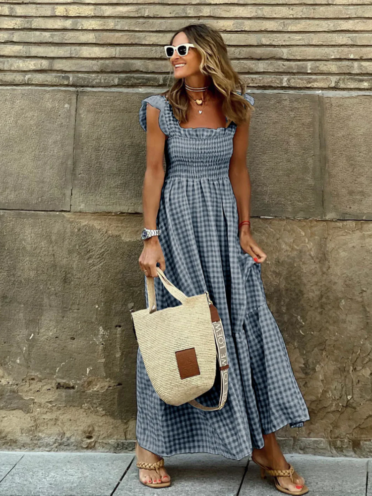 Gingham Sommerkleid mit Smokings für Damen | Maxi