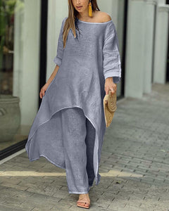 Asymmetrisches Leinen-Zweiteiler-Set für Damen in Grau