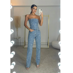 Hannah | Elegantes High Waist Zweiteiler-Set in Denim