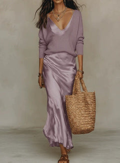 Hannah | Satin-Midikleid mit Pullover-Set in Lila