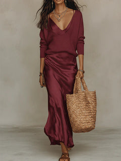 Hannah | Satin-Midikleid mit Pullover-Set in Rot