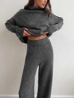 Hedda | Turtleneck Lounge Set mit Weitbein-Hose in Grau