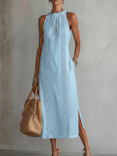 Helena | Luftiges Leinen-Midikleid mit Rundhals in Blau